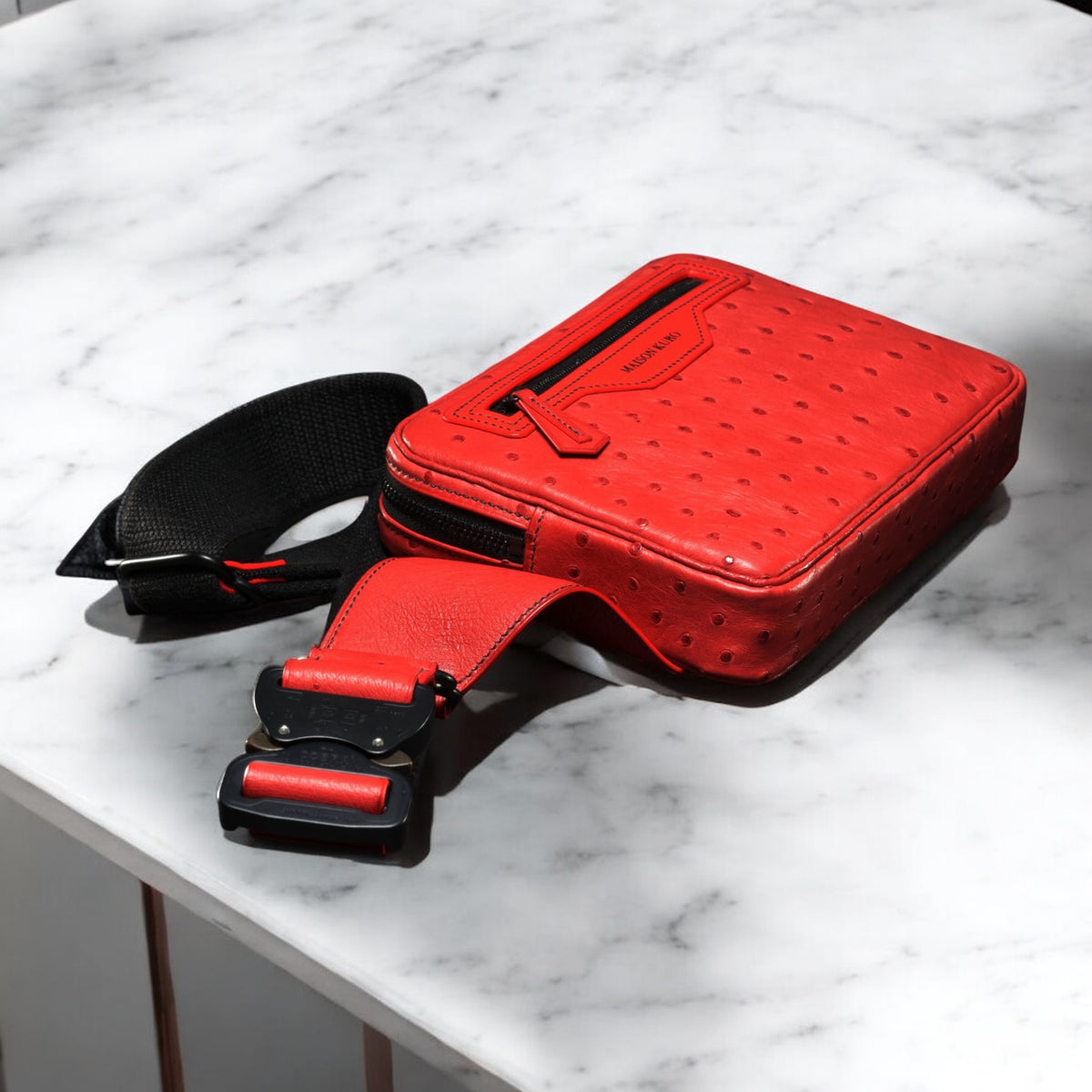 Kizuna Sling Bag — Red Ostrich, view 2 — Maison Kuro